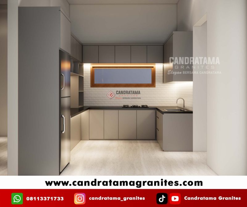 Kitchen Set Letter U Minimalis Smoke Gray Modern dengan desain elegan dan ruang penyimpanan maksimal