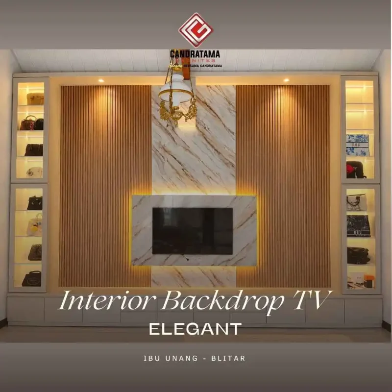 Hasil project backdrop TV minimalis elegan dengan aksen marmer dan panel kayu oleh Jasa Interior Blitar Jawa Timur Candratama Granites